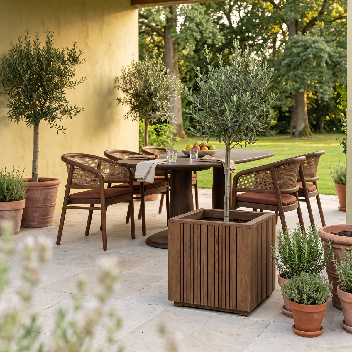 Pflanzkübel Nora Teak Emas Brown Large von Gommaire, Teak Emas Brown, 60 × 60 × H 60 cm, mit Olivenbaum hinter dem Esstisch Dita Rectoval und Armlehnenstühlen Imen auf der Gartenterrasse