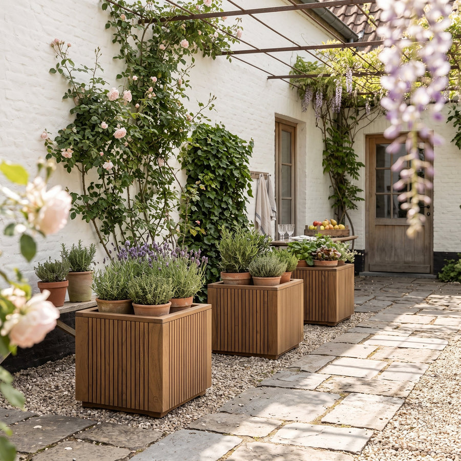 Pflanzkübel Nora Teak Emas Brown Small von Gommaire, Teak Emas Brown, 50 × 50 × H 50 cm, drei Kübel mit Kräutern an der Hauswand im Innenhof