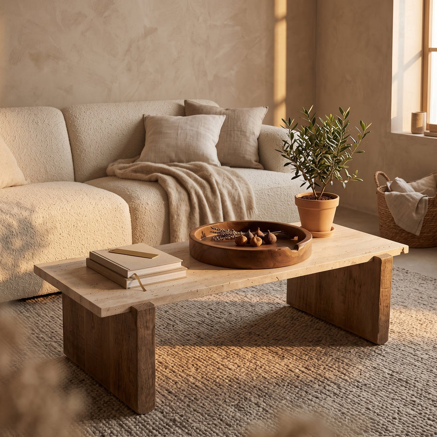 Schale Low Round Teak Emas Brown Small von Gommaire, Teak Emas Brown, Ø 27 × H 5 cm, Interiorbild im Wohnzimmer mit Bouclé-Sofa, auf dem Couchtisch Bruce