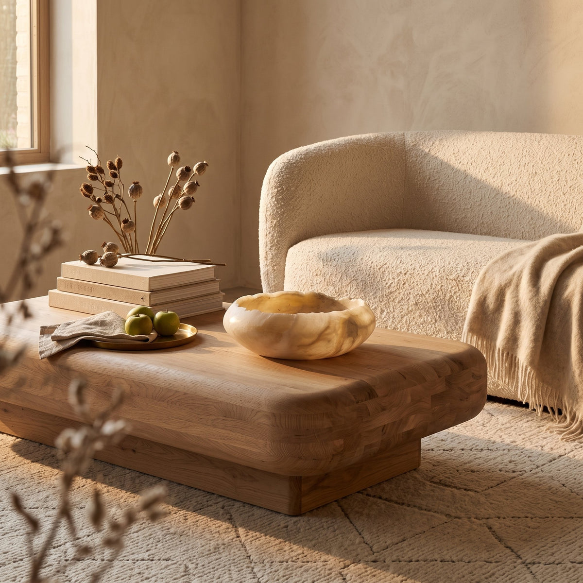 Schale Nova Onyx Large von Gommaire, Onyx, Ø 35 × H 11,5 cm, Interiorbild im Wohnzimmer mit Bouclé-Sofa, auf dem Couchtisch Rowan