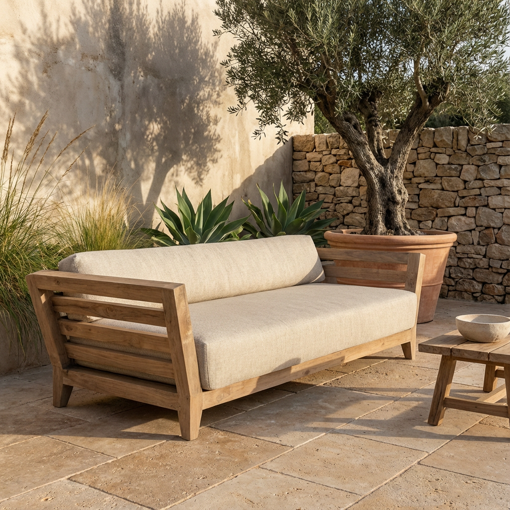 Gommaire Sofa Mia auf einer modernen Terrasse, exklusiv bei STUFF Shop