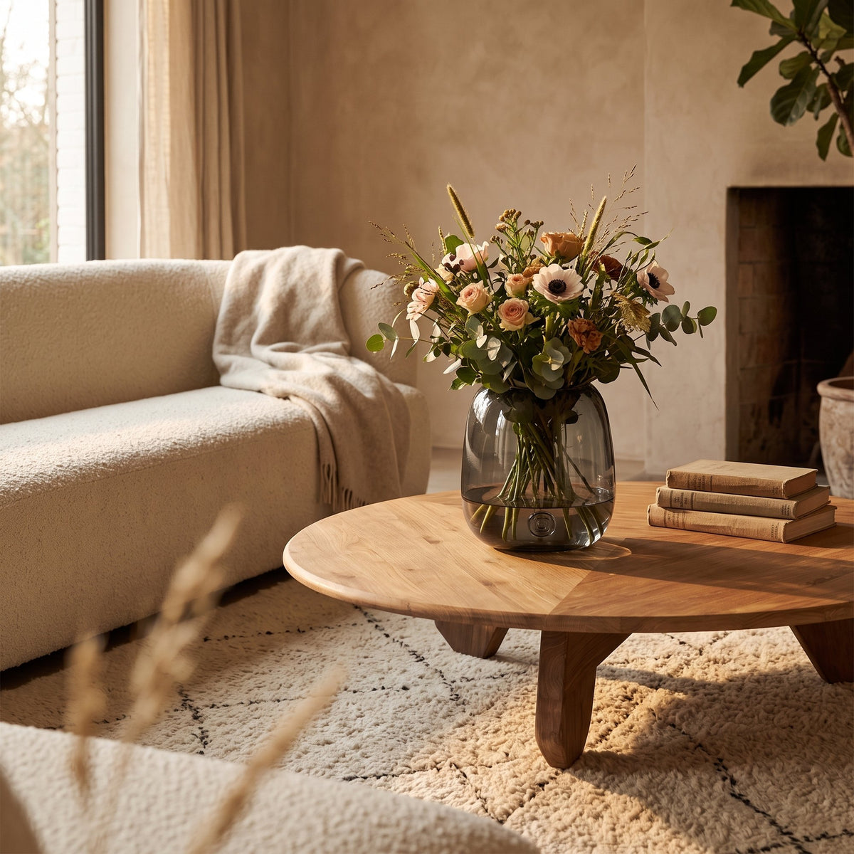 Vase Diana Rauchglas Small von Gommaire, Rauchglas, Ø 14 × H 18 cm, Interiorbild im Wohnzimmer mit Bouclé-Sofa, auf dem Couchtisch Day