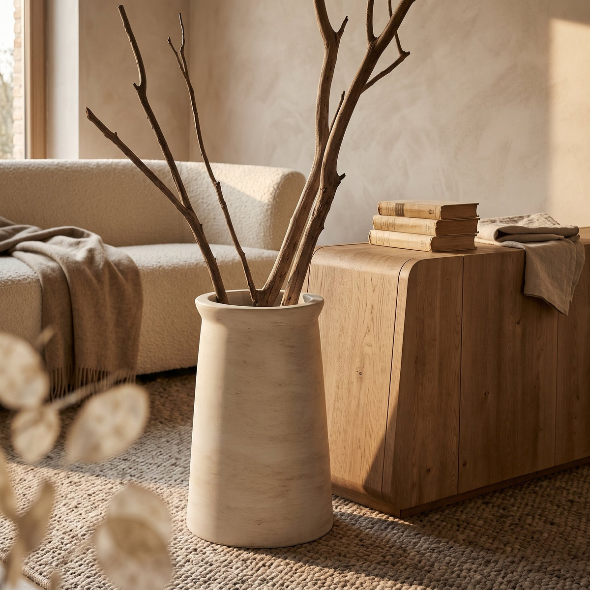 Vase Ginger Terracotta Elfenbein von Gommaire, Terracotta Elfenbein, Ø 29 × H 40 cm, Nahaufnahme im Wohnzimmer mit Bouclé-Sofa, neben dem Sideboard Vincent