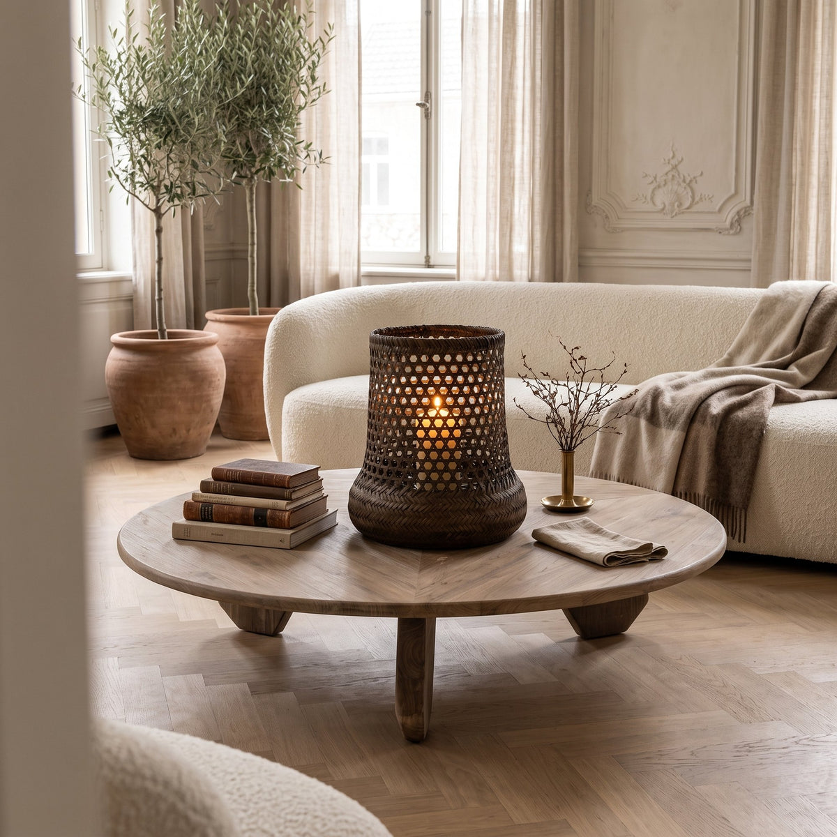 Windlicht Beckley Bambus Braun von Gommaire, Bambus Braun, Ø 34 × H 37,5 cm, Interiorbild im Altbau-Wohnzimmer, auf dem Couchtisch Day