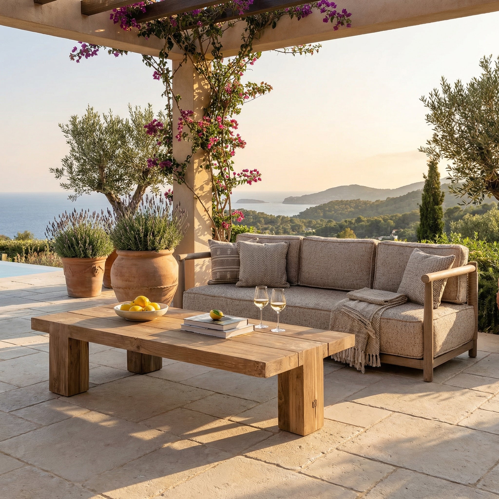 Outdoor Couchtisch Dovetail aus massivem naturfarbenem Teakholz 150x65 cm von Gommaire | STUFF Shop