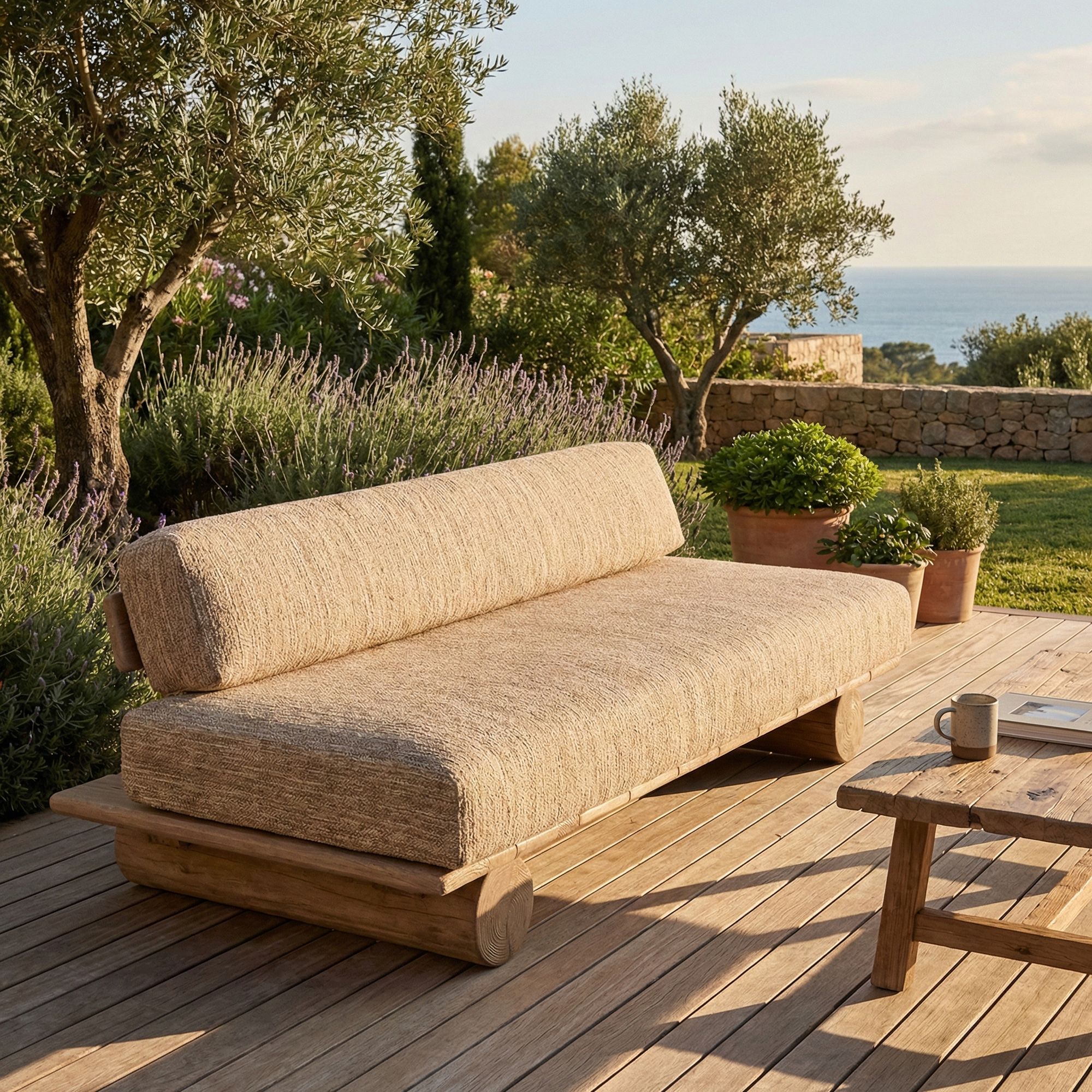 Outdoor-Sofa Edge aus Teakholz Natural Grey mit handgeflochtenem PE Wicker Antique Weed und Polstern in Knelout, Knelout Deluxe, Ktextout oder Ktextout Deluxe | Gommaire Kollektion bei STUFF Shop