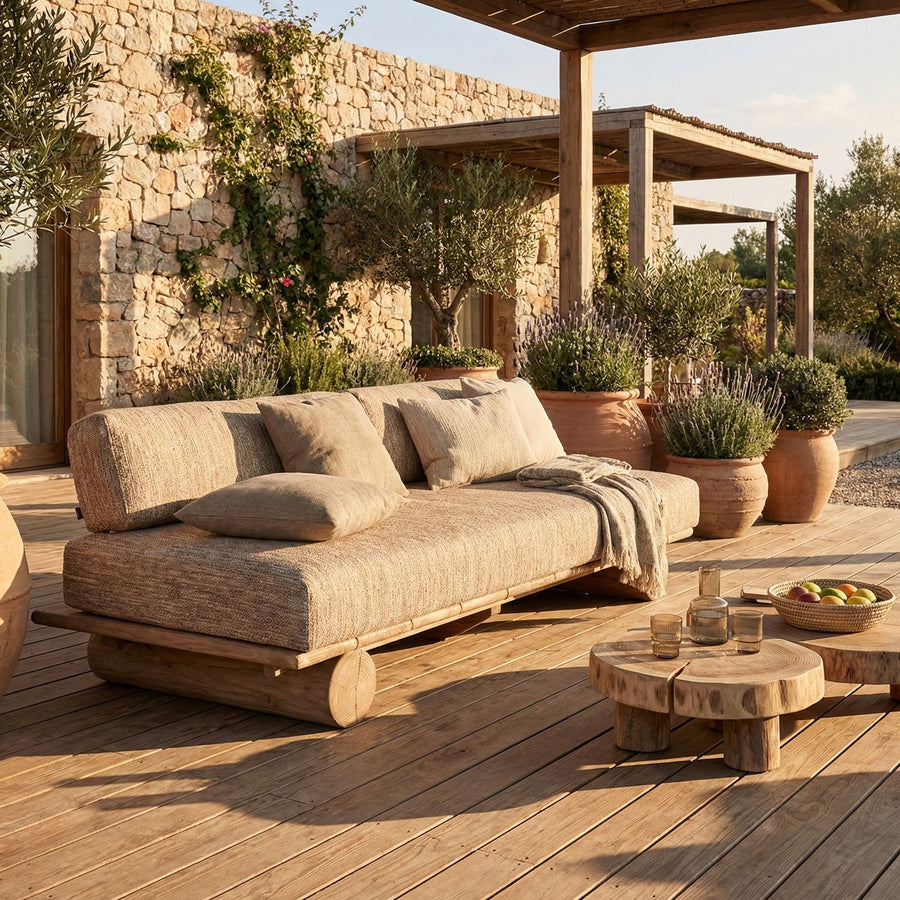 Outdoor-Sofa Edge aus Teakholz Natural Grey mit handgeflochtenem PE Wicker Antique Weed und Polstern in Knelout, Knelout Deluxe, Ktextout oder Ktextout Deluxe | Gommaire Kollektion bei STUFF Shop