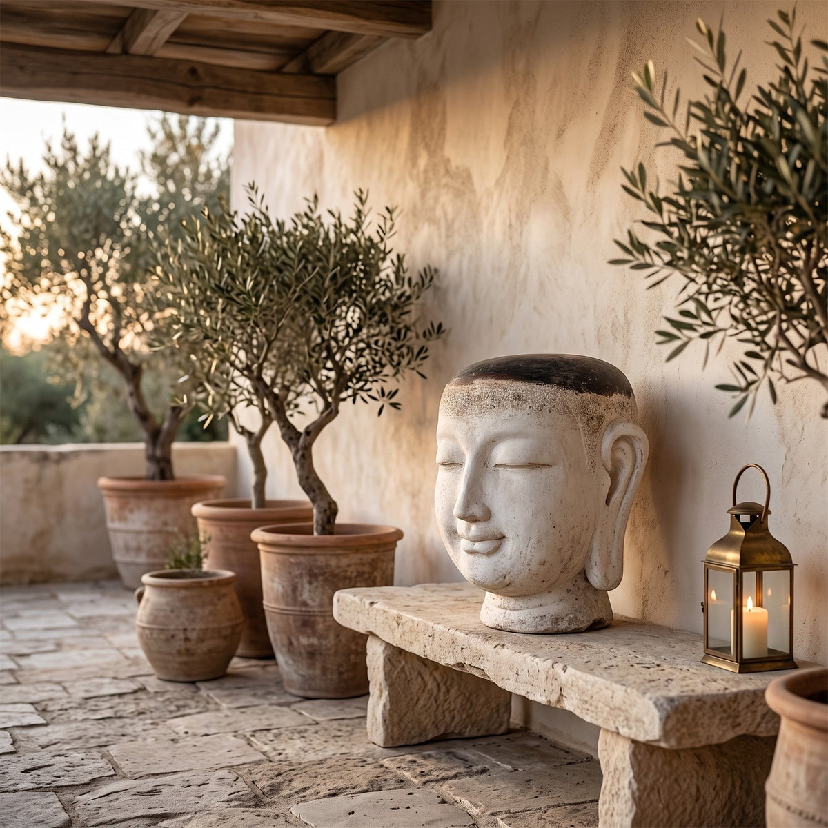 Buddha-Kopf Makayla auf einer Terrasse