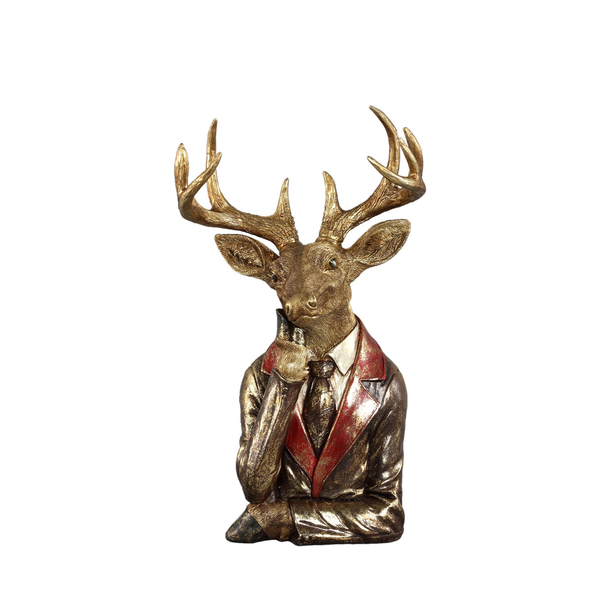 Hirschbüste Dasher mit goldenem Geweih auf dem Sideboard