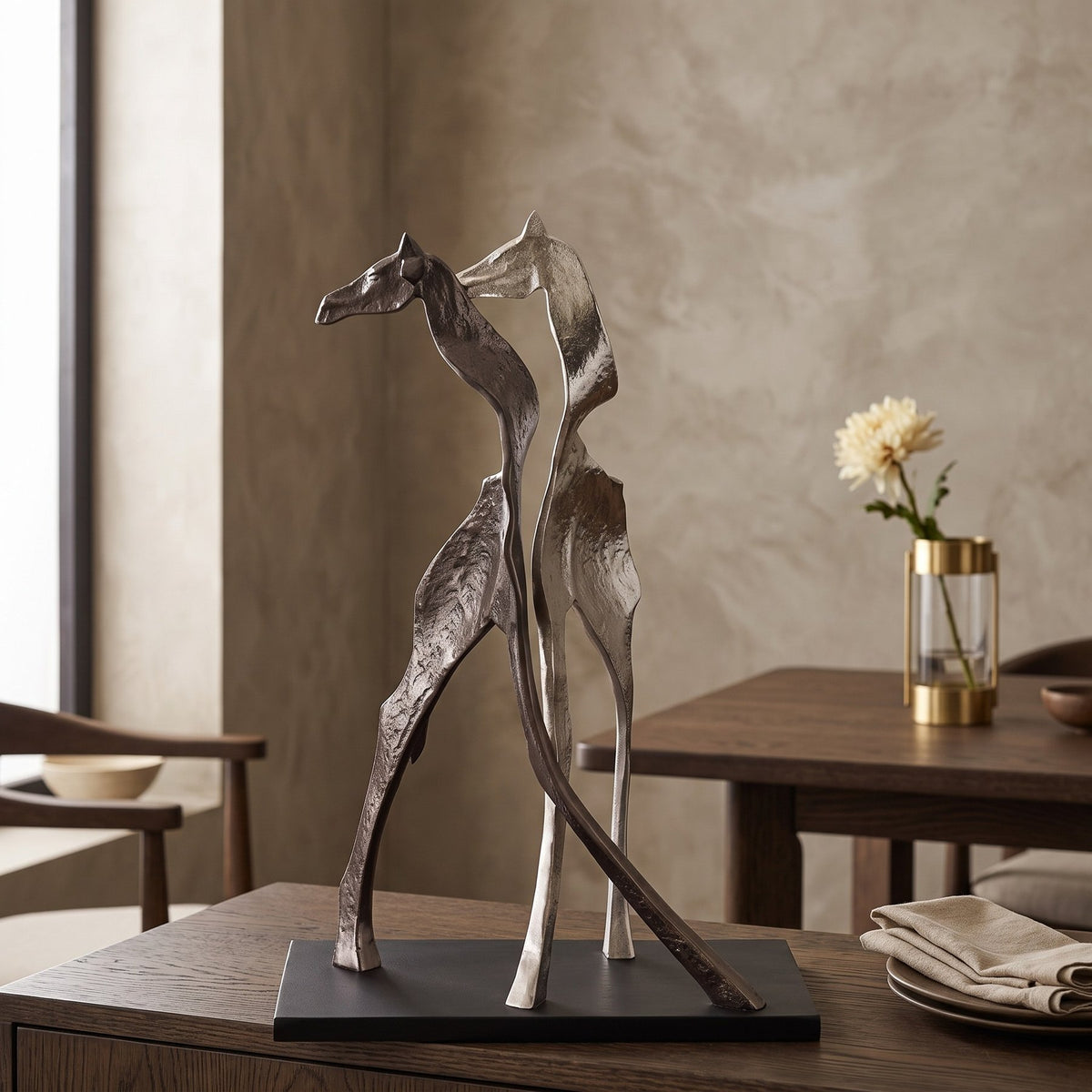 Giraffenskulptur Skye Silber-Schwarz 65 cm auf einem Sideboard