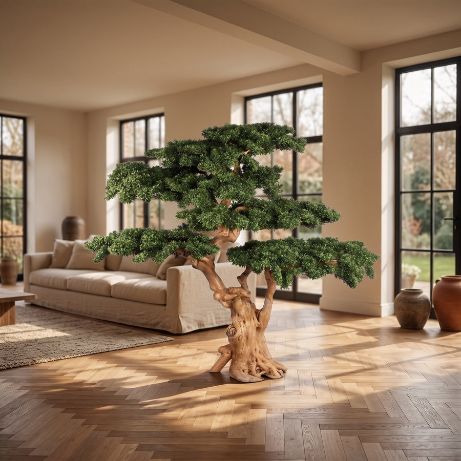 Künstliche Bonsai-Kiefer XXL mit glattem Holzstamm im Foyer
