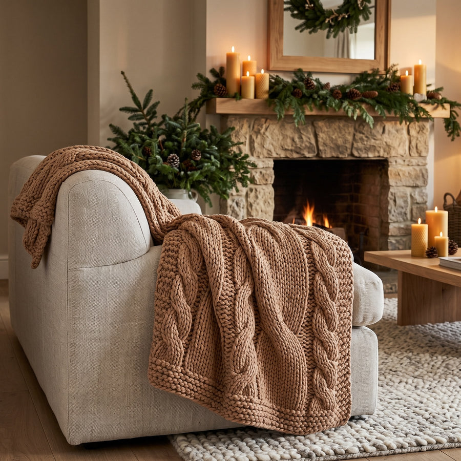 Plaid Rama Taupe aus Wolle auf dem Sofa