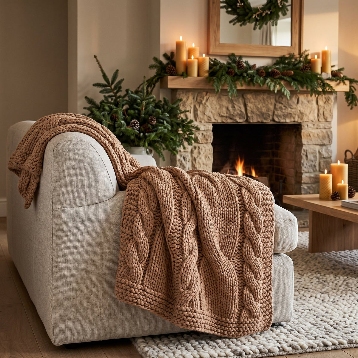 Plaid Rama Taupe aus Wolle auf dem Sofa