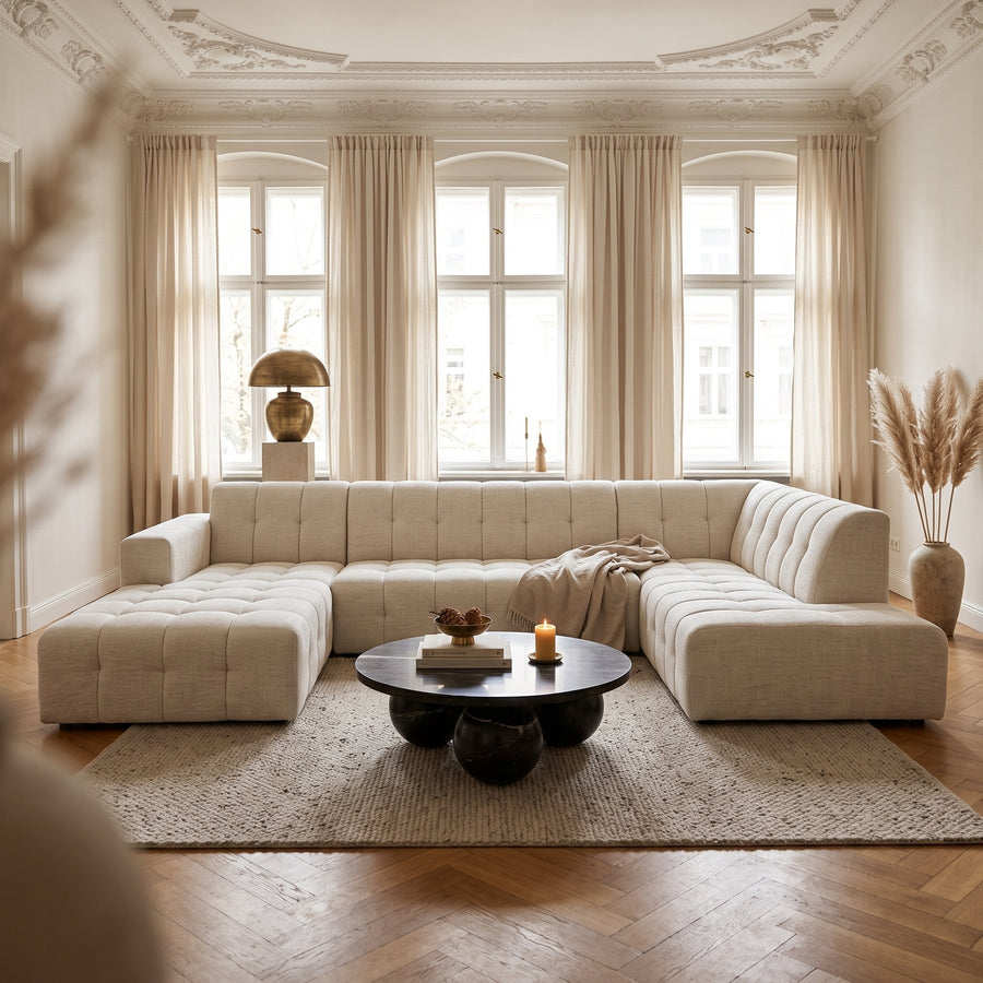 Wohnlandschaft Palermo U-Form rechts von PTMD in Ivory, 358 × 279 cm, im Altbau-Wohnzimmer