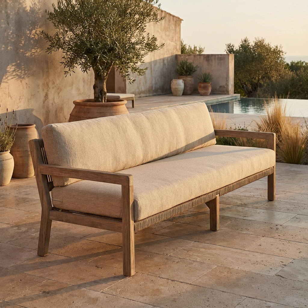 Outdoor-Sofa Mario 3-Sitzer von Gommaire auf einer Terrasse, erhältlich im STUFF-Shop