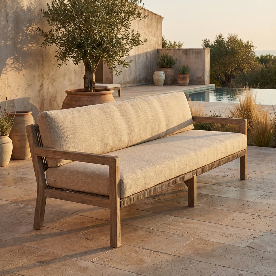 Outdoor-Sofa Mario 3-Sitzer von Gommaire auf einer Terrasse, erhältlich im STUFF-Shop