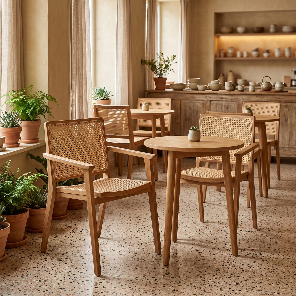 Armlehnenstuhl Heritage Cane natur von STUFF Loft, Teak und Wiener Geflecht, 57 x 61 x 83 cm im Café
