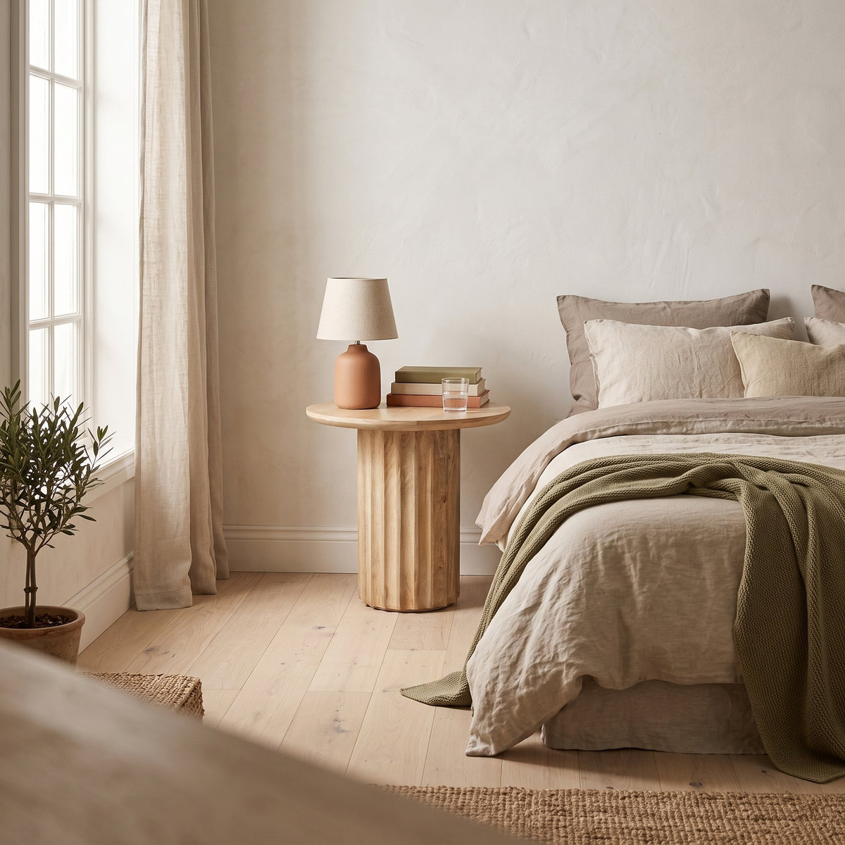 Beistelltisch Curvo rund aus Mangoholz mit Rillenfuß, natur | Interiorbild Schlafzimmer | STUFF Loft