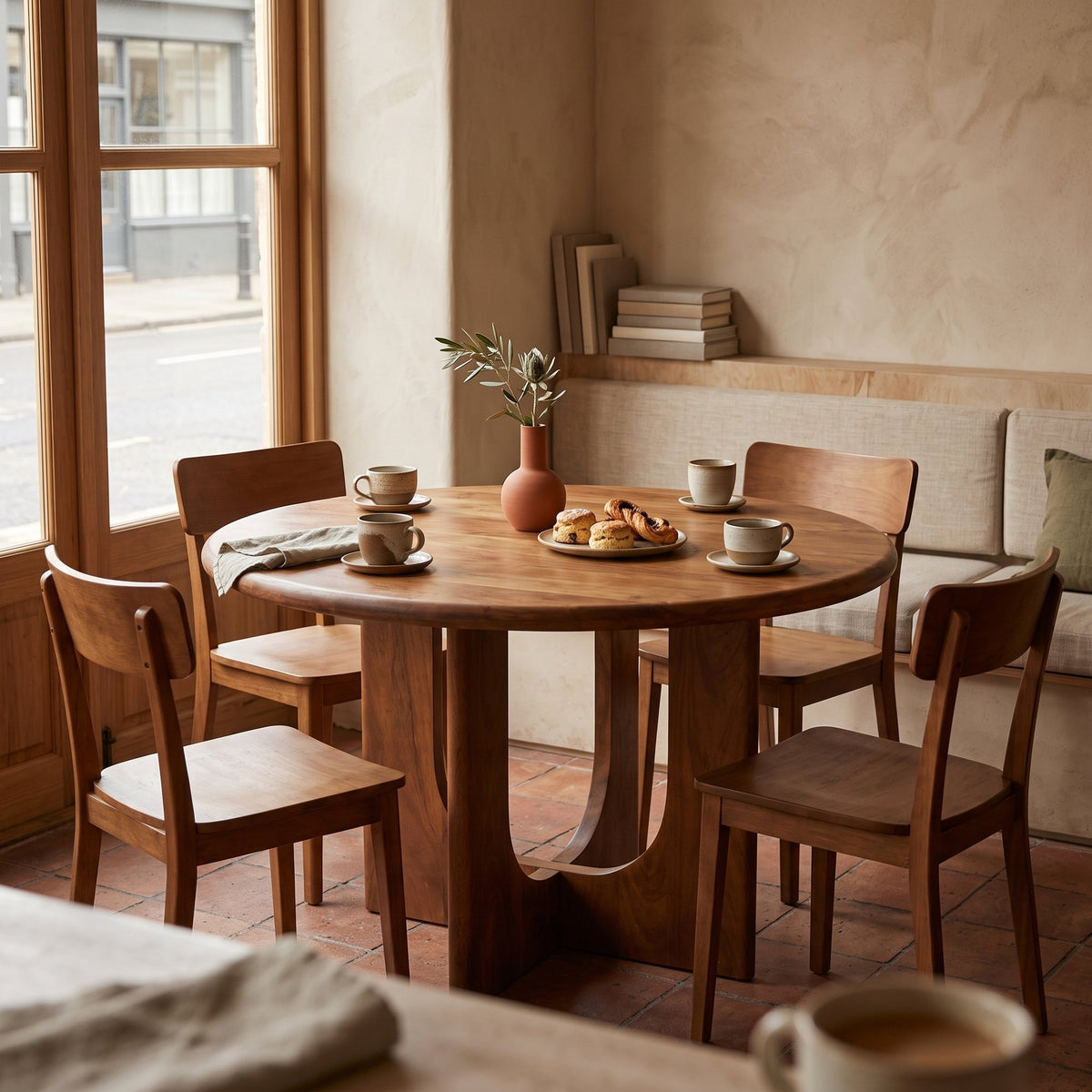 Esstisch Curvo rund aus Mangoholz, Ø 120 cm | Interiorbild Gastronomie | STUFF Loft