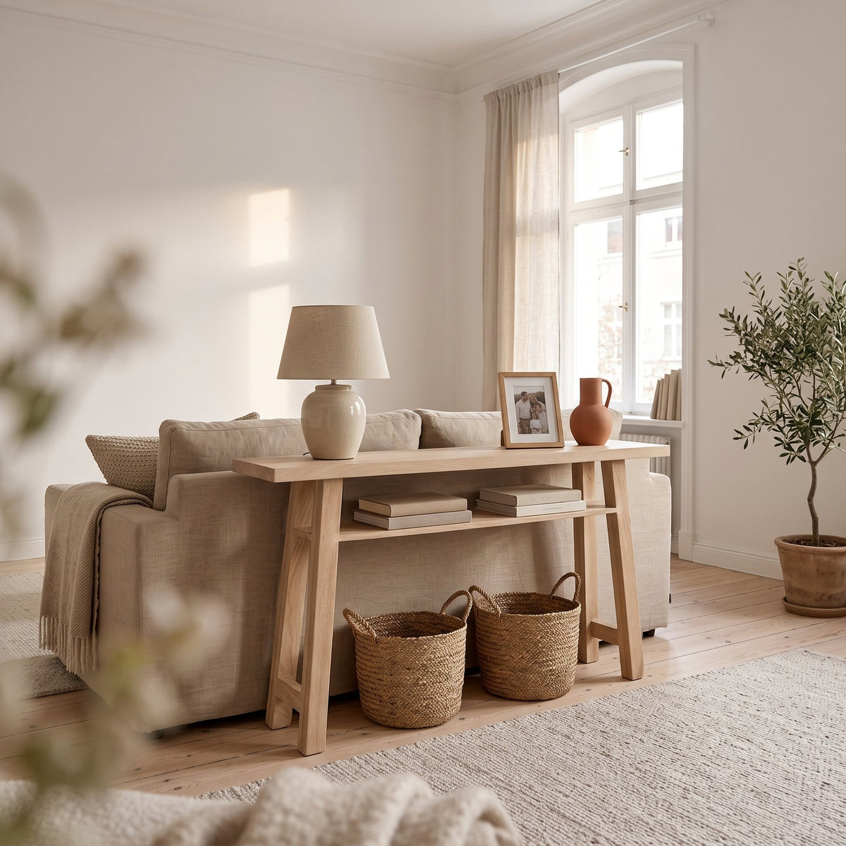Konsolentisch Driftwood schmal aus hellem Mangoholz mit Ablage, 140 cm | Interiorbild Wohnzimmer | STUFF Loft