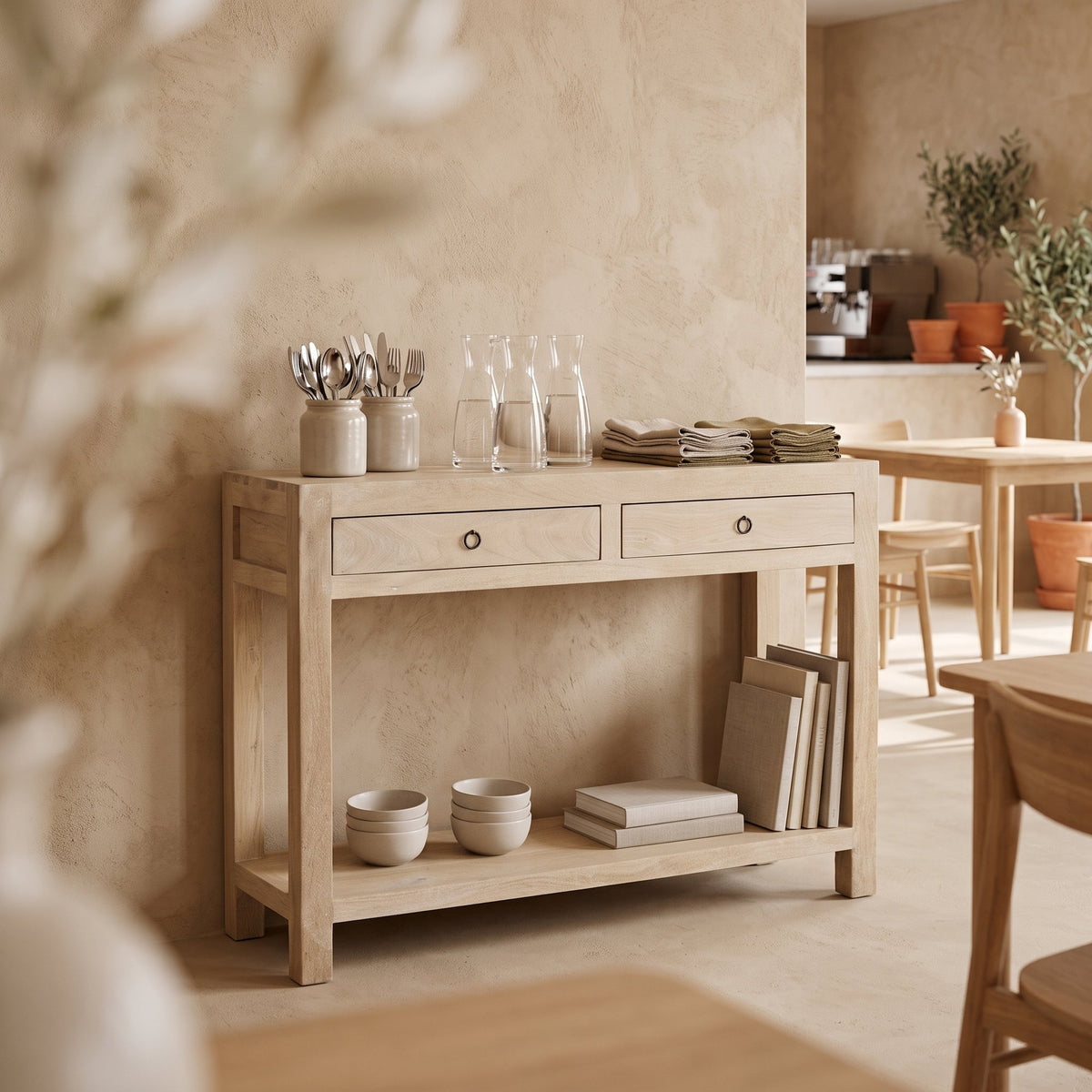 Konsolentisch Driftwood aus hellem Mangoholz mit 2 Schubladen, 120 cm | Interiorbild Gastronomie | STUFF Loft