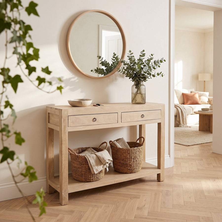 Konsolentisch Driftwood aus hellem Mangoholz mit 2 Schubladen, 120 cm | Interiorbild Flur | STUFF Loft