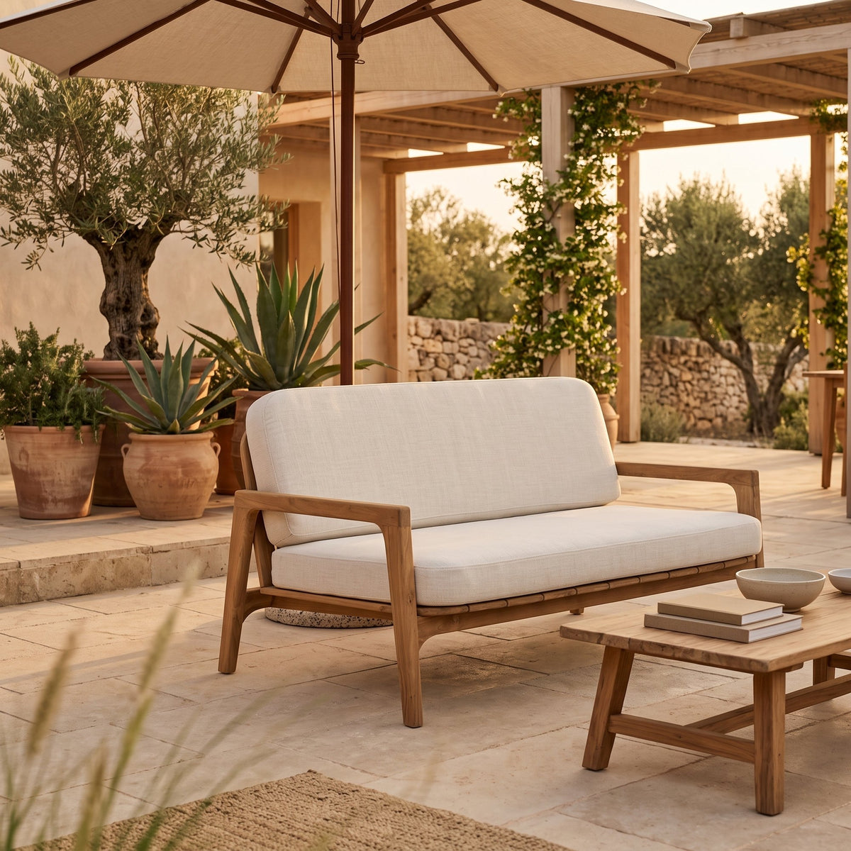 Lounge-Sofa Teakscape 2-Sitzer aus Teakholz mit naturweißen Kissen | Ambientebild Gastronomie | STUFF Loft