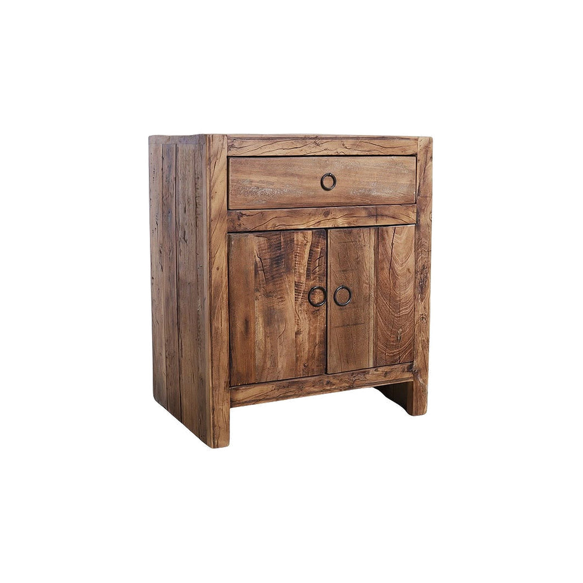 Nachttisch Grainwood aus recyceltem Altholz mit Schublade und 2 Türen | Freisteller | STUFF Loft