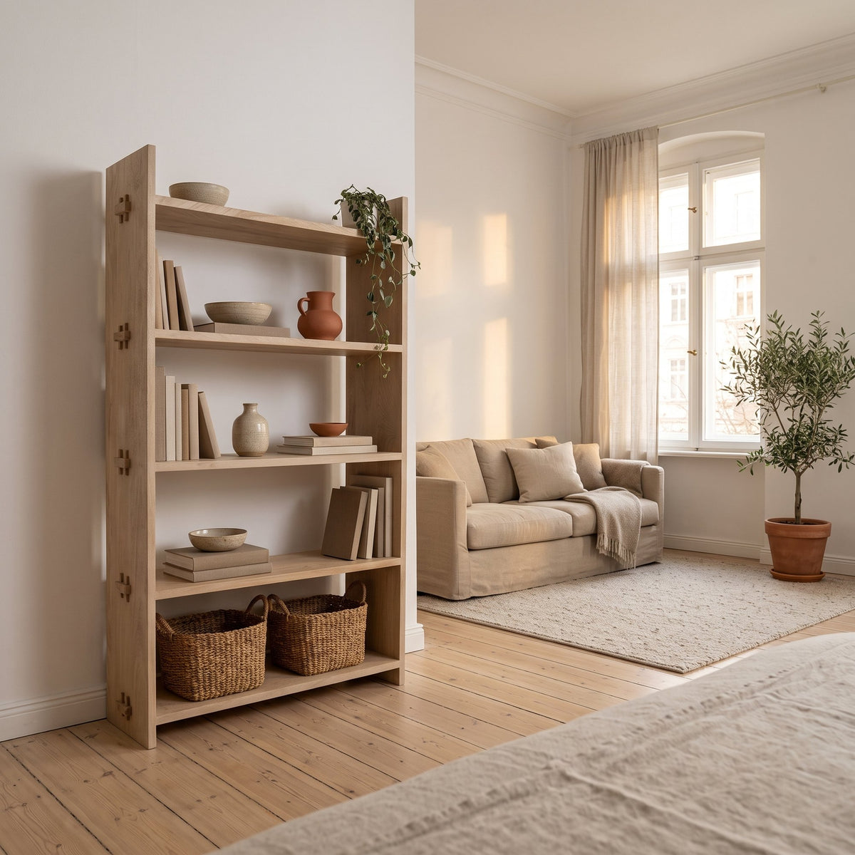 Regal Driftwood offen aus hellem Mangoholz, 80 x 180 cm | Interiorbild Wohnzimmer | STUFF Loft