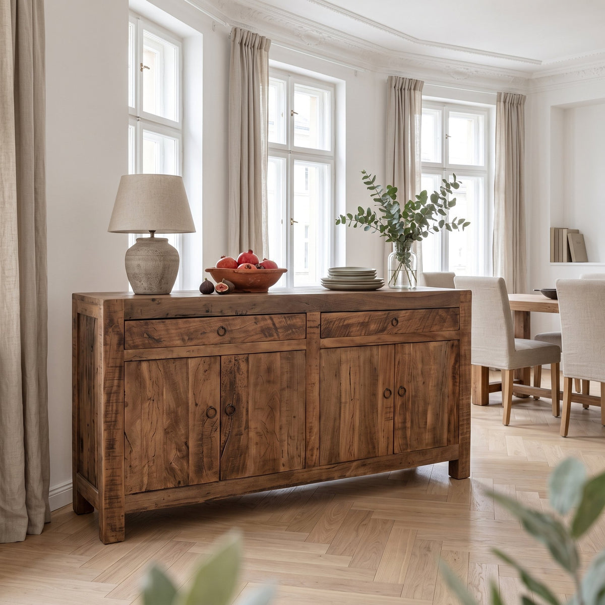 Sideboard Grainwood aus recyceltem Altholz mit 4 Türen und 2 Schubladen, 160 cm | Interiorbild Esszimmer | STUFF Loft