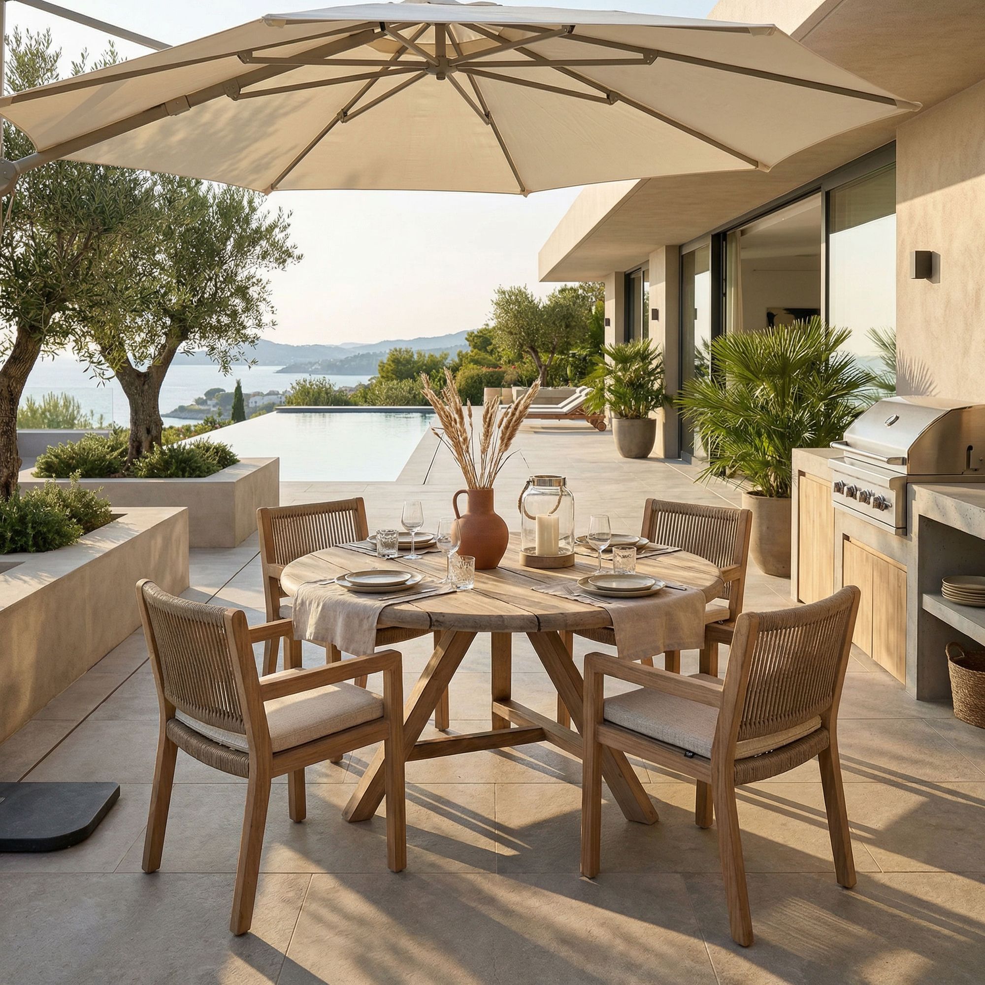 Gommaire Anton Outdoor Tisch Kollektion mit runden Teakholz Esstischen und Bartischen für Terrasse und Garten