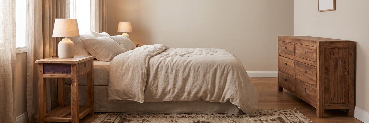 Schlafzimmer: Nachttisch Grainwood und Kommode Grainwood im Wohnambiente