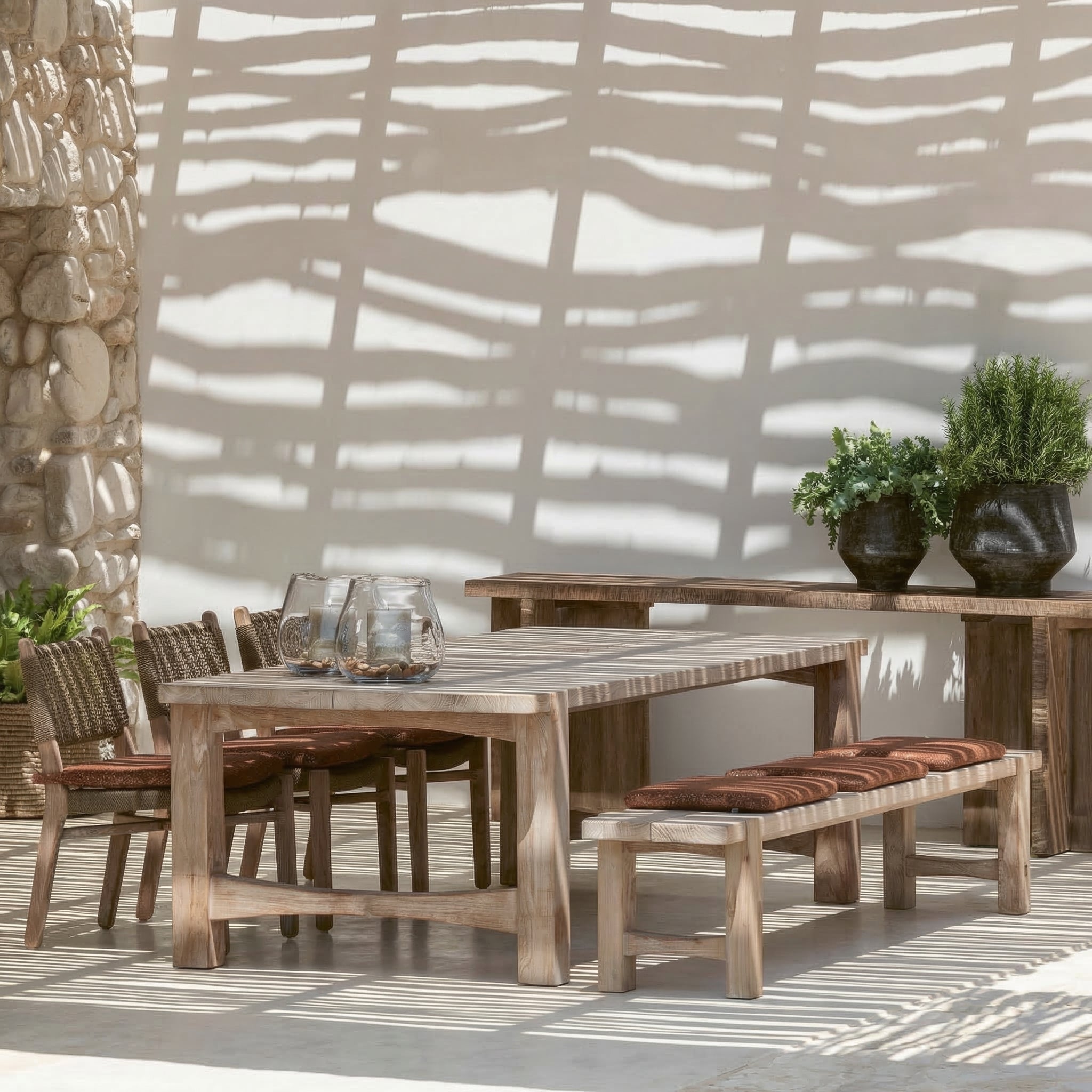 Gommaire Jacoba Outdoor Esstisch aus massivem Teakholz mit passenden Gartenbänken