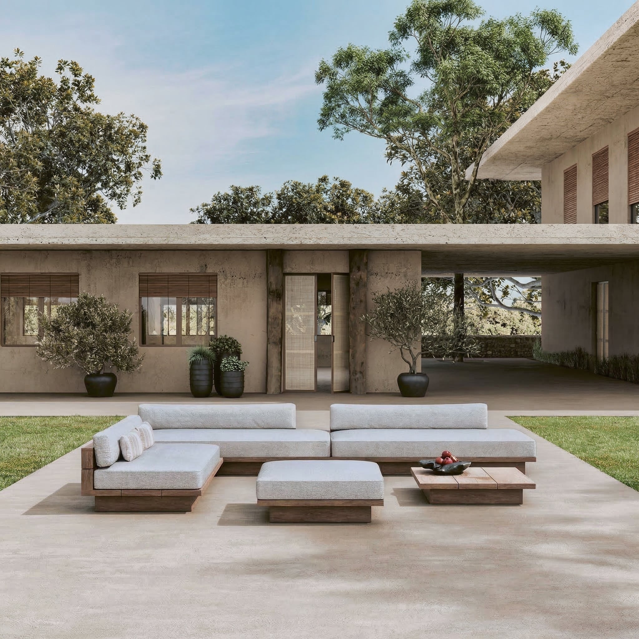 Gommaire Magnus modulare Outdoor Lounge aus Teakholz auf moderner Terrasse