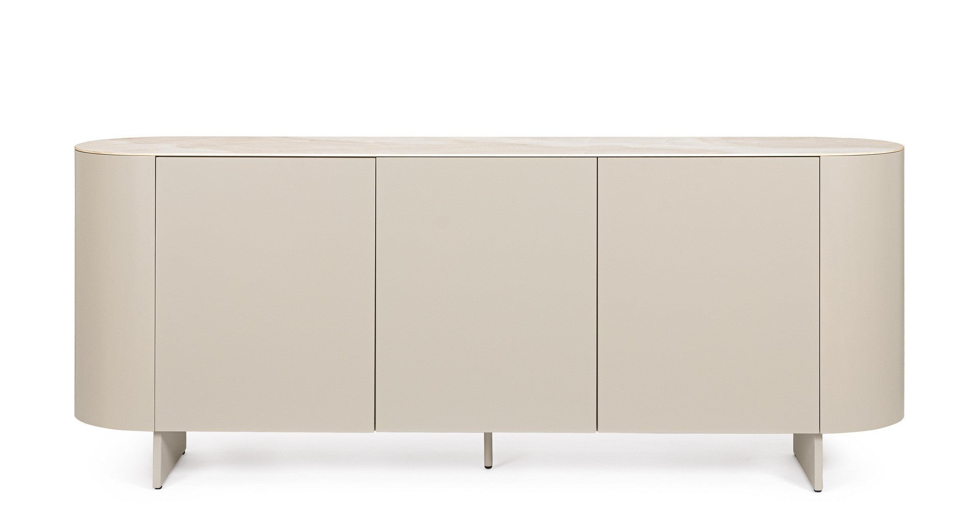 Sideboard Ardis in hellem Beige mit Stahlgestell, Frontansicht.