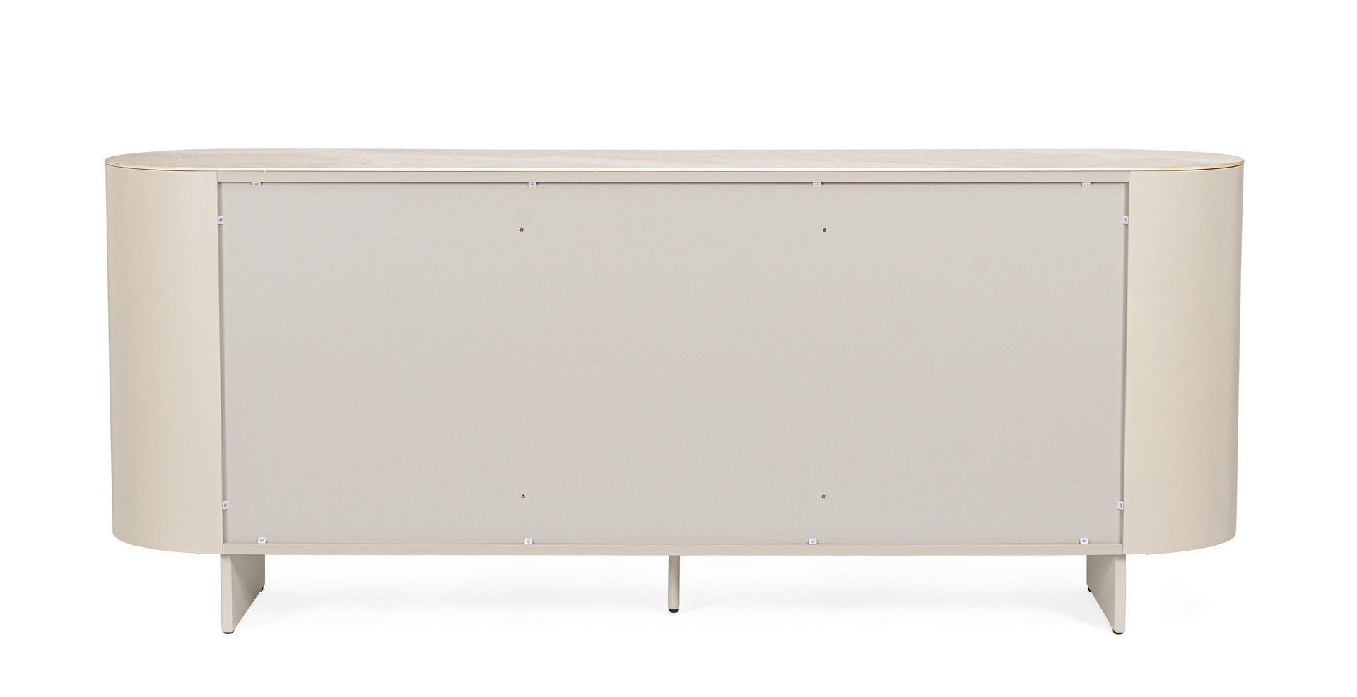Sideboard Ardis in hellem Beige mit Stahlgestell, Rückansicht.