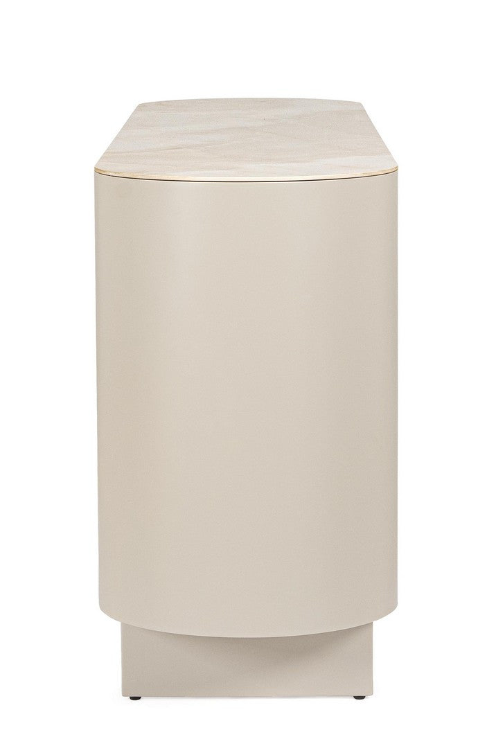 Seitenansicht des Sideboards Ardis in hellem Beige, modernes Design.