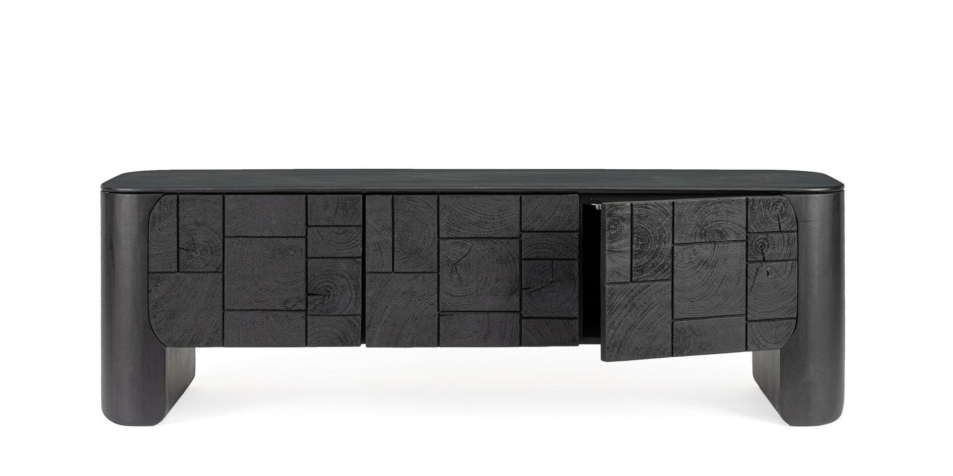 TV-Moebel Sinnar Schwarz, Detail der Front aus Naturholzbloecken