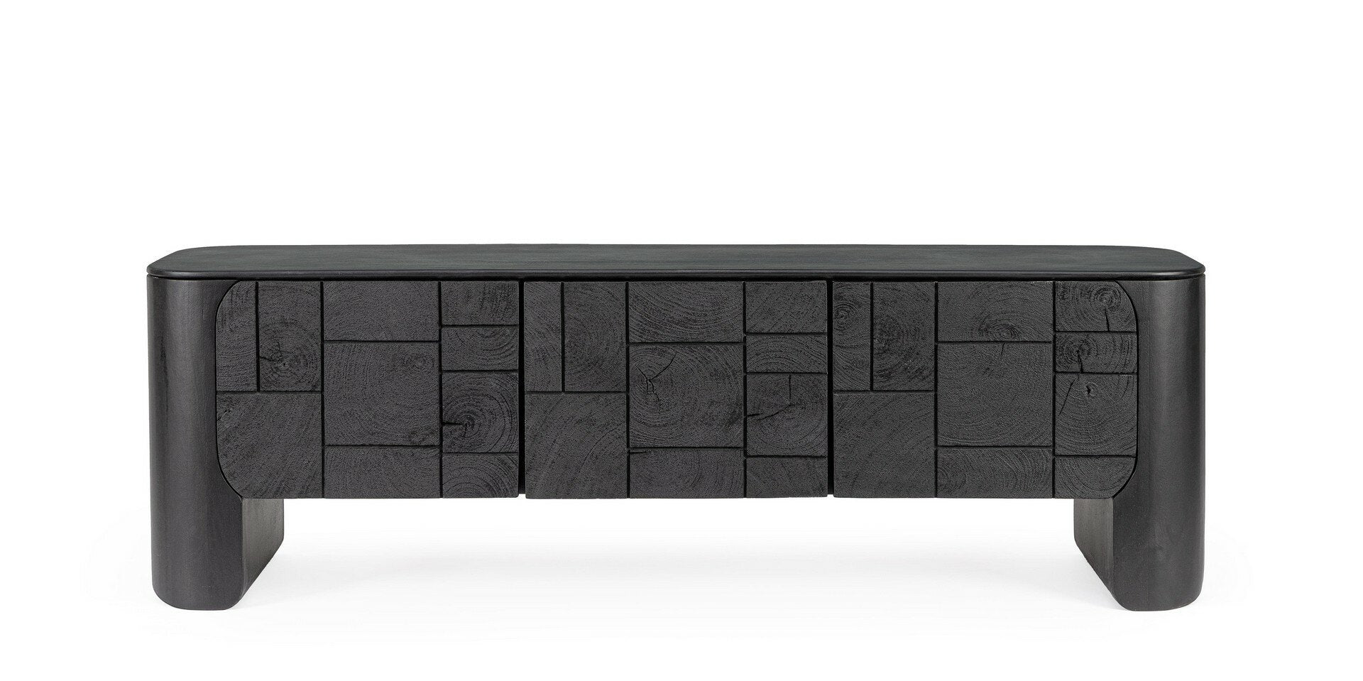 TV-Möbel Sinnar Schwarz von Bizzotto – Front mit Relief aus Naturholzblöcken, im STUFF Shop