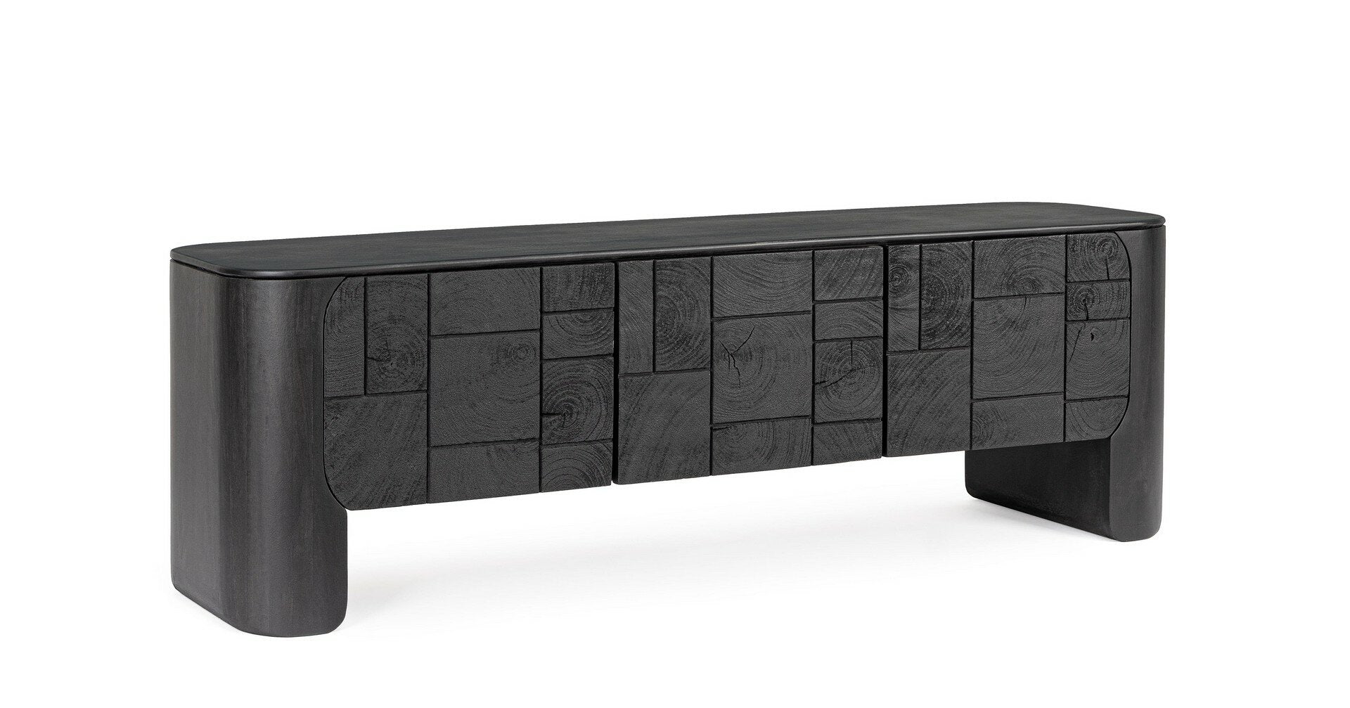 TV-Möbel Sinnar Schwarz von Bizzotto mit 3 Türen aus Naturholzblöcken, B 156 x T 40 x H 50 cm, im STUFF Shop