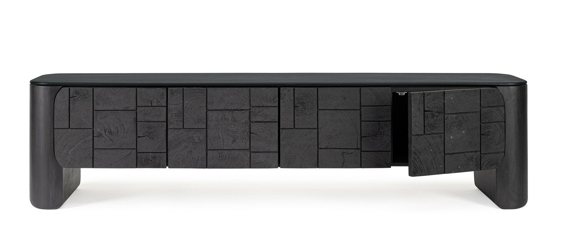 TV-Moebel Sinnar Schwarz, Detail der Front aus Naturholzbloecken
