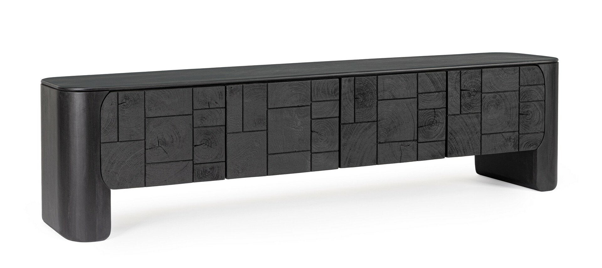 TV-Möbel Sinnar Schwarz von Bizzotto mit Türfronten aus Naturholzblöcken, B 200 x T 40 x H 50 cm, im STUFF Shop