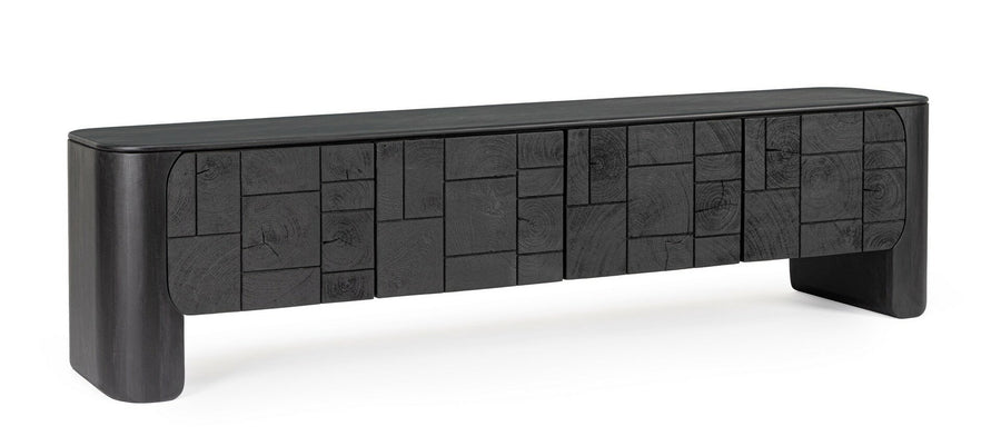 TV-Möbel Sinnar Schwarz von Bizzotto mit Türfronten aus Naturholzblöcken, B 200 x T 40 x H 50 cm, im STUFF Shop