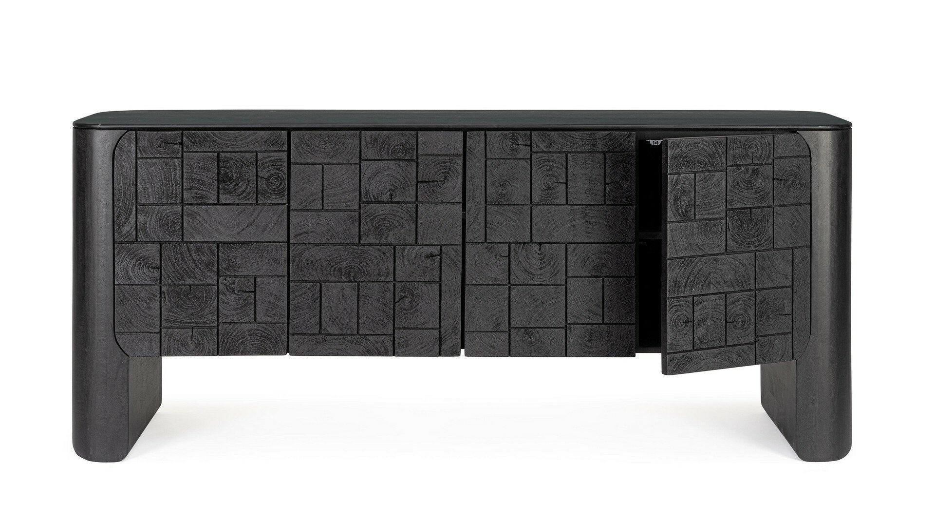 Kommode Sinnar Schwarz, Detail der Front aus Naturholzbloecken