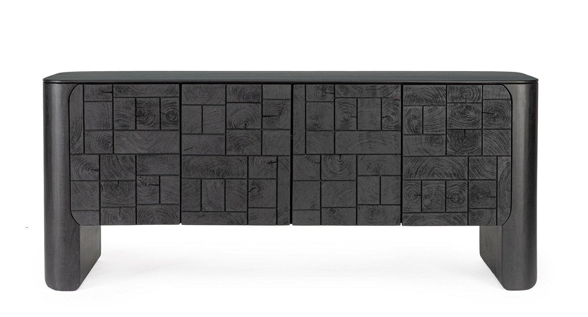 Kommode Sinnar Schwarz von Bizzotto – Front mit Relief aus Naturholzblöcken, im STUFF Shop