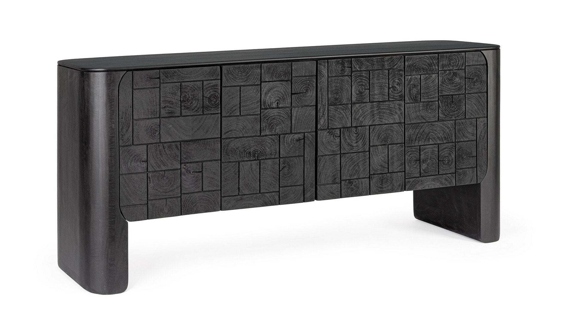 Kommode Sinnar Schwarz von Bizzotto mit Türfronten aus Naturholzblöcken, B 185 x T 45 x H 80 cm, im STUFF Shop