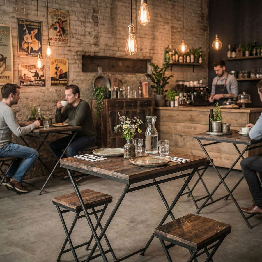 Klappbarer Hocker Heritage aus recyceltem Altholz und Metall für Gastronomie und Bistro | STUFF Loft Gastronomie Design