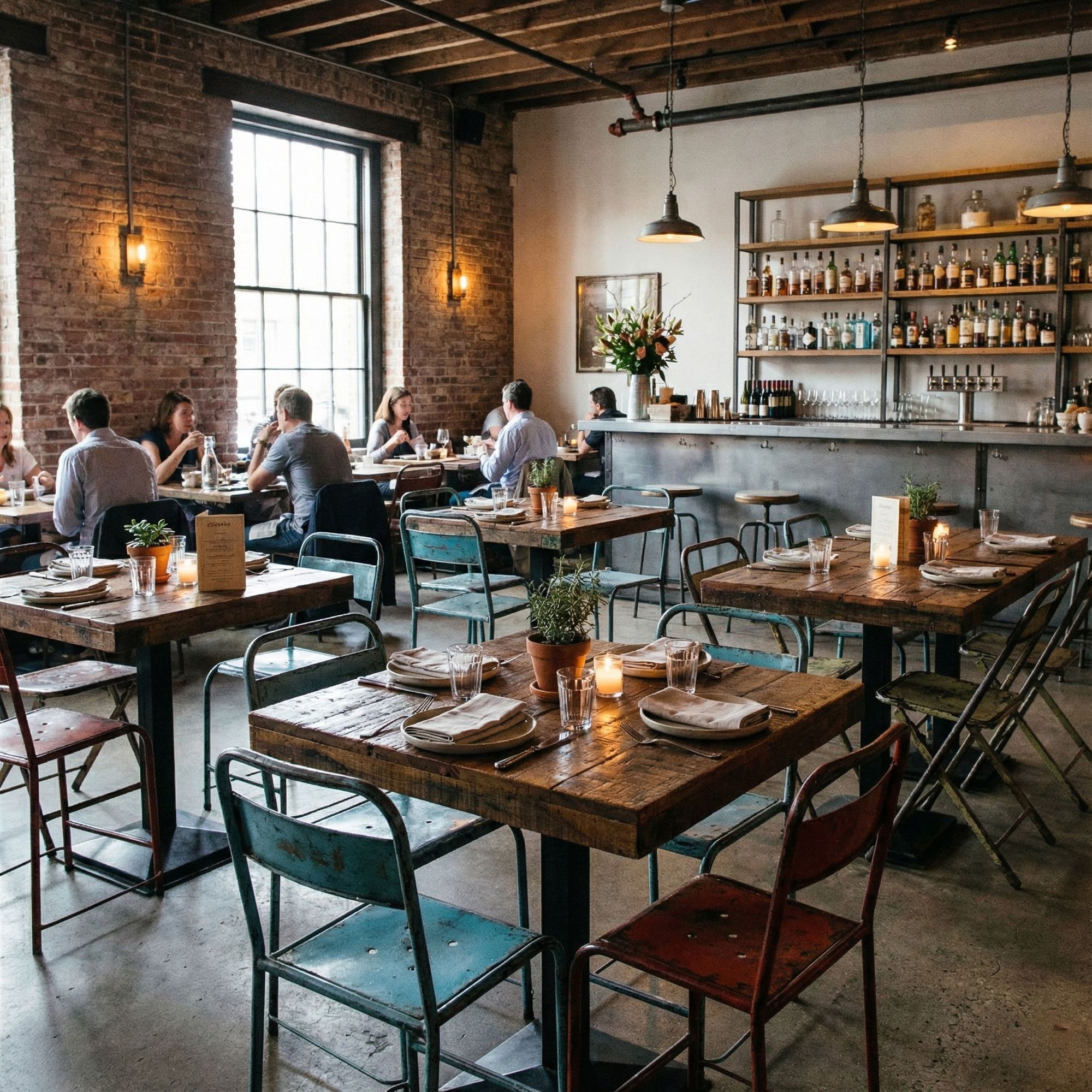 Quadratischer Bistrotisch Grainwood aus recyceltem Altholz und Eisen für Gastronomie und Bistro | STUFF Loft