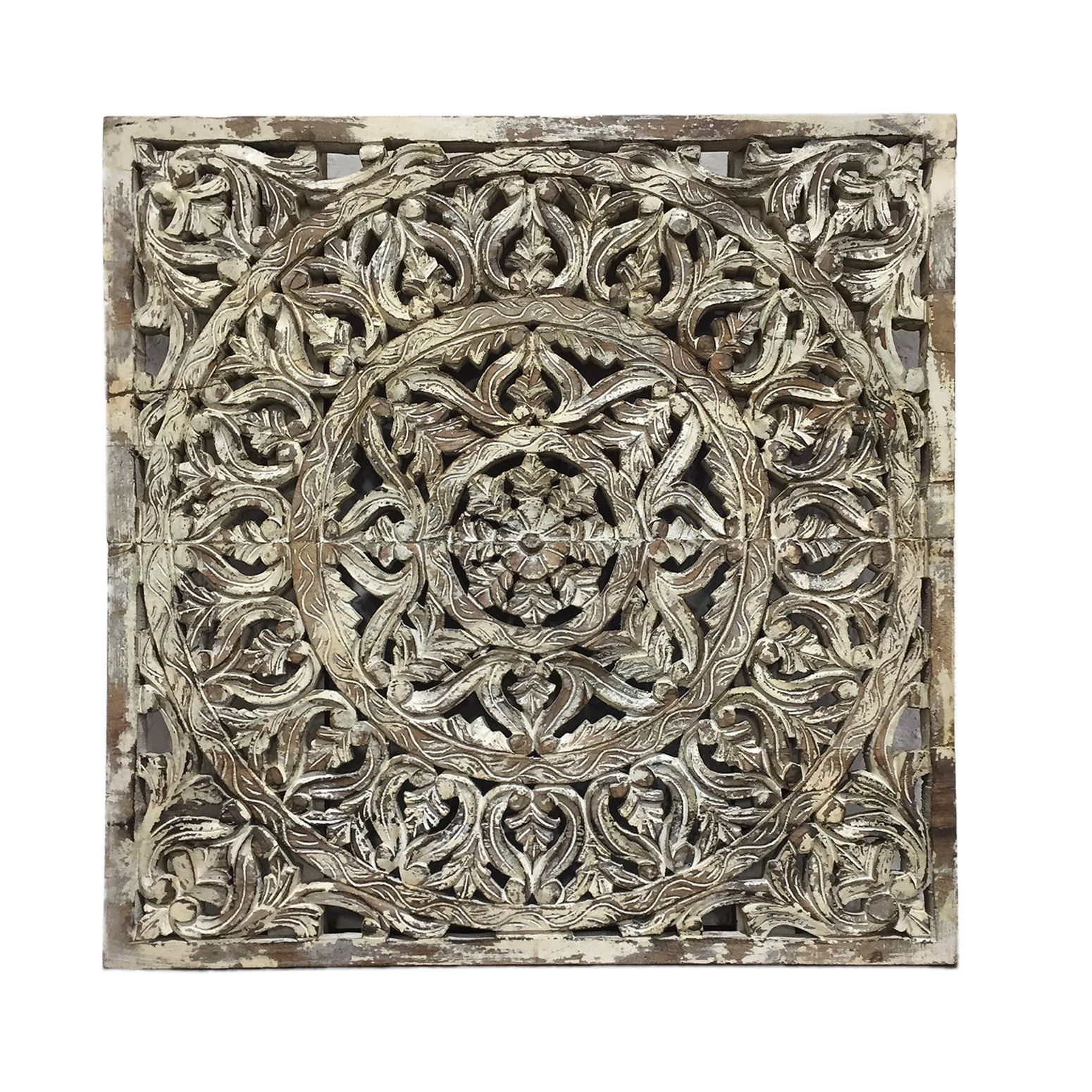 Handgeschnitztes Wandpaneel aus Teakholz mit Indian Flower XL