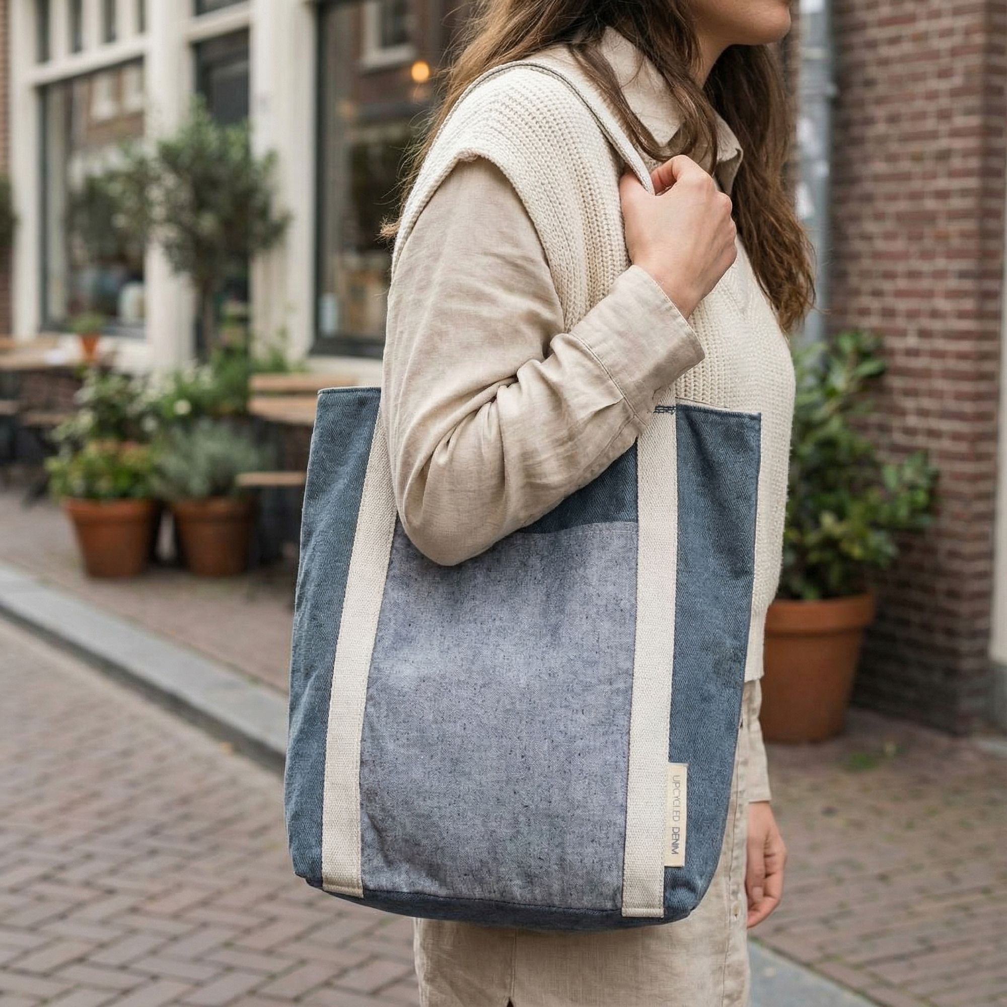 Nachhaltiger Shopper aus Upcycled Denim mit cremefarbenen Tragehenkeln | STUFF Loft